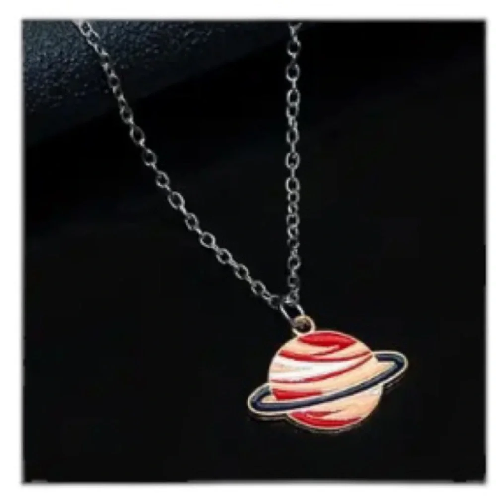 Cartoon Saturn Planet Pendant on Silver Necklace
